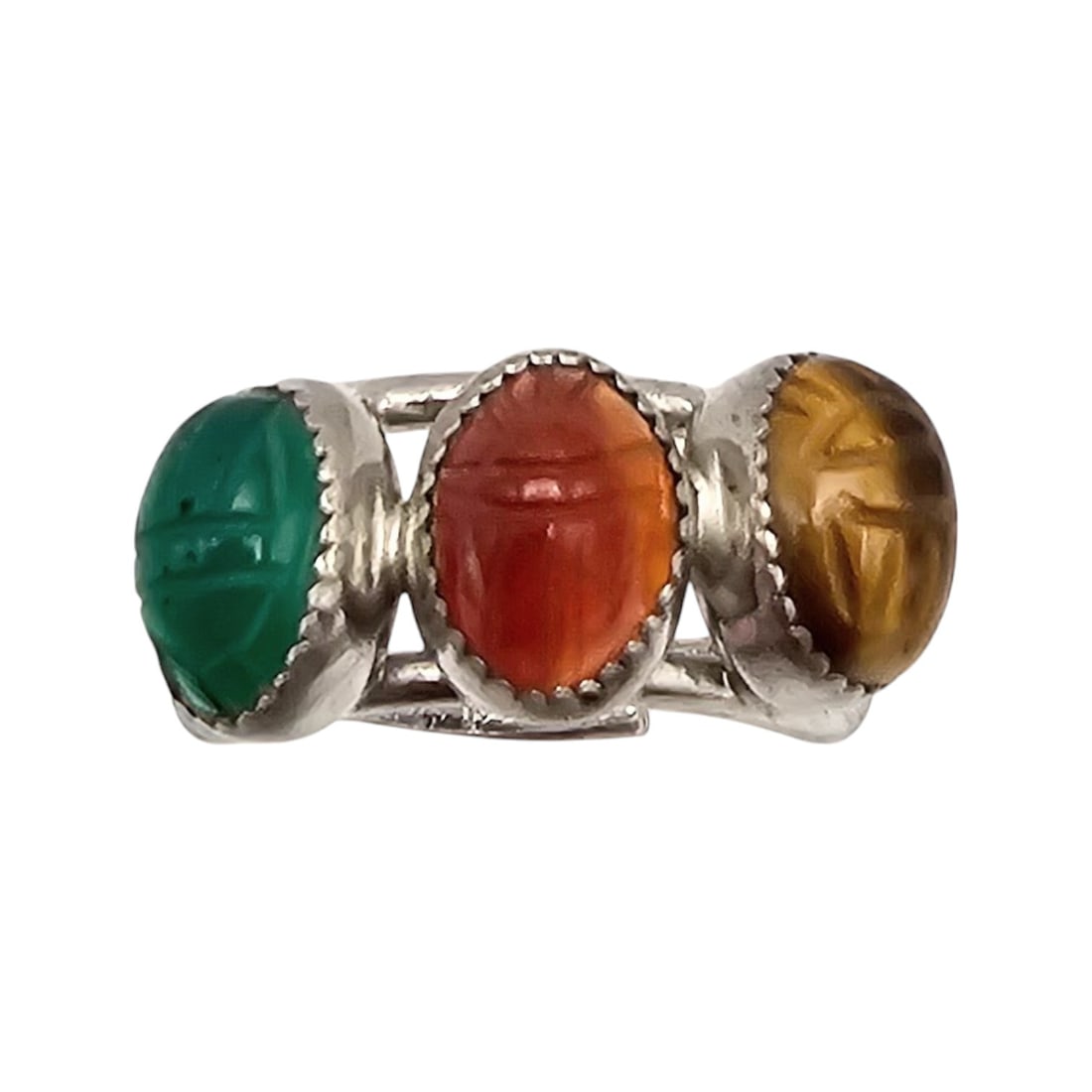 Tigers Eye Carnelian Aventurine Scarab Sterling Silver Egyptian Revival Ring Adjustable 3.1 G (1 of 3)