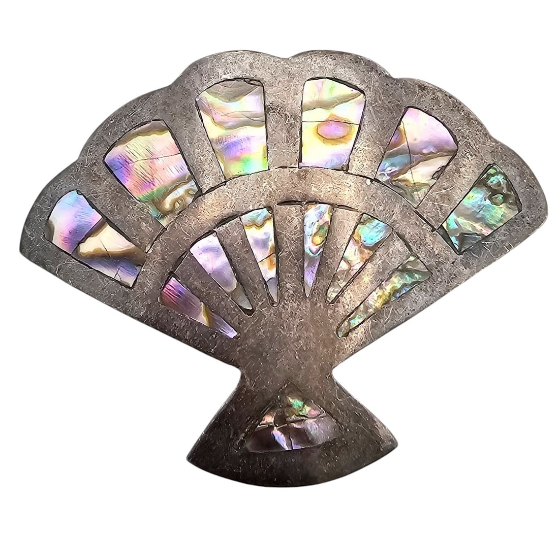 Mexico Abalone Sterling Silver Fan Pendant Brooch 9.6 G (1 of 3)
