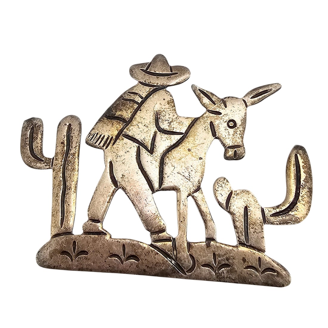 Mexico Sterling Silver Man With Donkey Brooch 6.7 G: Mexico Sterling Silver Man With Donkey Brooch 6.7 G