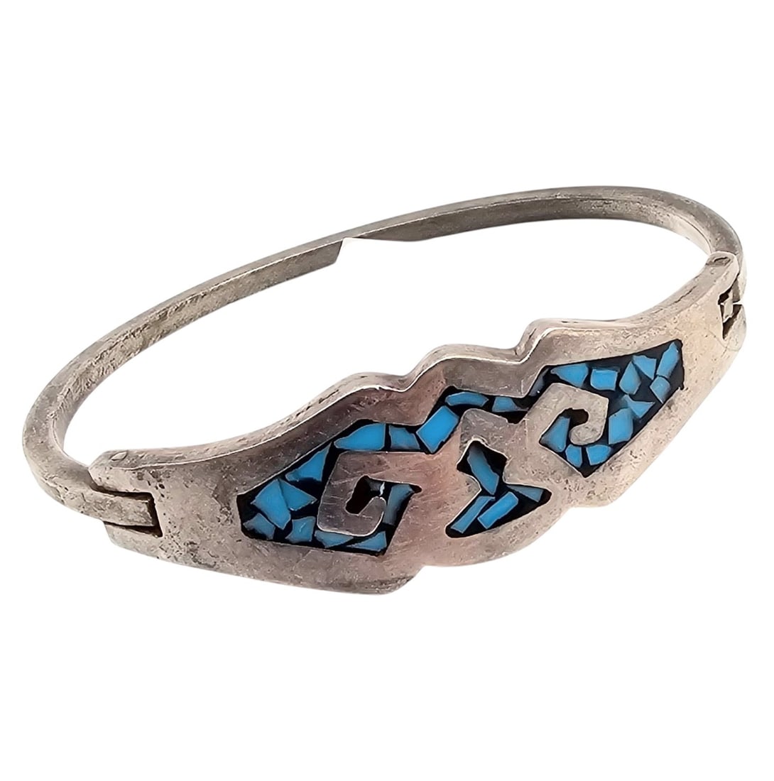 Mexico Taxco TJ-67 Crushed Turquoise Sterling Silver Hinge Bangle Bracelet 24.6 G (1 of 3)