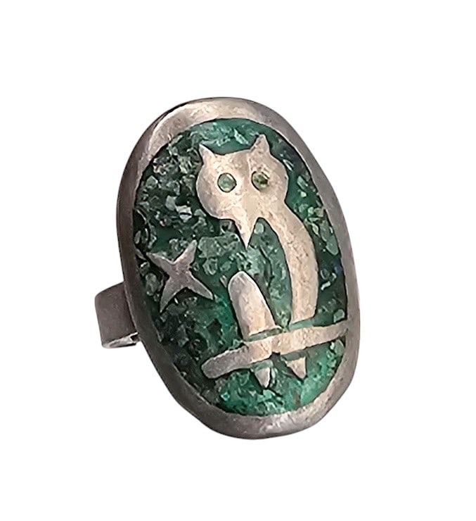 Mexico Crushed Turquoise Sterling Silver Owl Adjustable Ring 2.6 G (1 of 3)