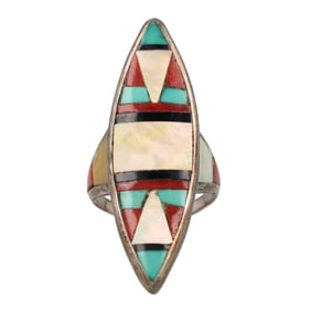 Vintage Zuni Multi Stone Inlay Sterling Ring Sz 7.25