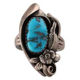 Les Baker Turquoise Sterling Blossom Ring Sz 6