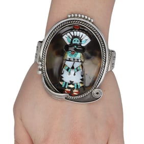 Stunning Augustine & Rosaline Pinto Zuni Sterling Raised Inlay Kachina Cuff Bracelet