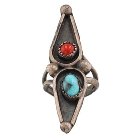 Vintage Navajo Coral Turquoise Sterling Shadow Box Ring Sz 4