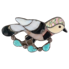 Vintage Zuni Multi Stone Sterling Inlay Bird Brooch