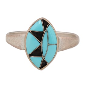 Sterling Zuni Turquoise Onyx Inlay Ring Sz 7.25
