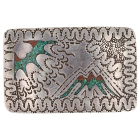 Jerry Cowboy Sterling Navajo Crushed Turquoise Belt Buckle