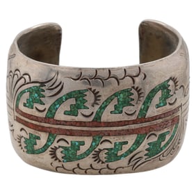 Signed SD Navajo Crushed Turquoise and Coral Sterling Cuff Bracelet