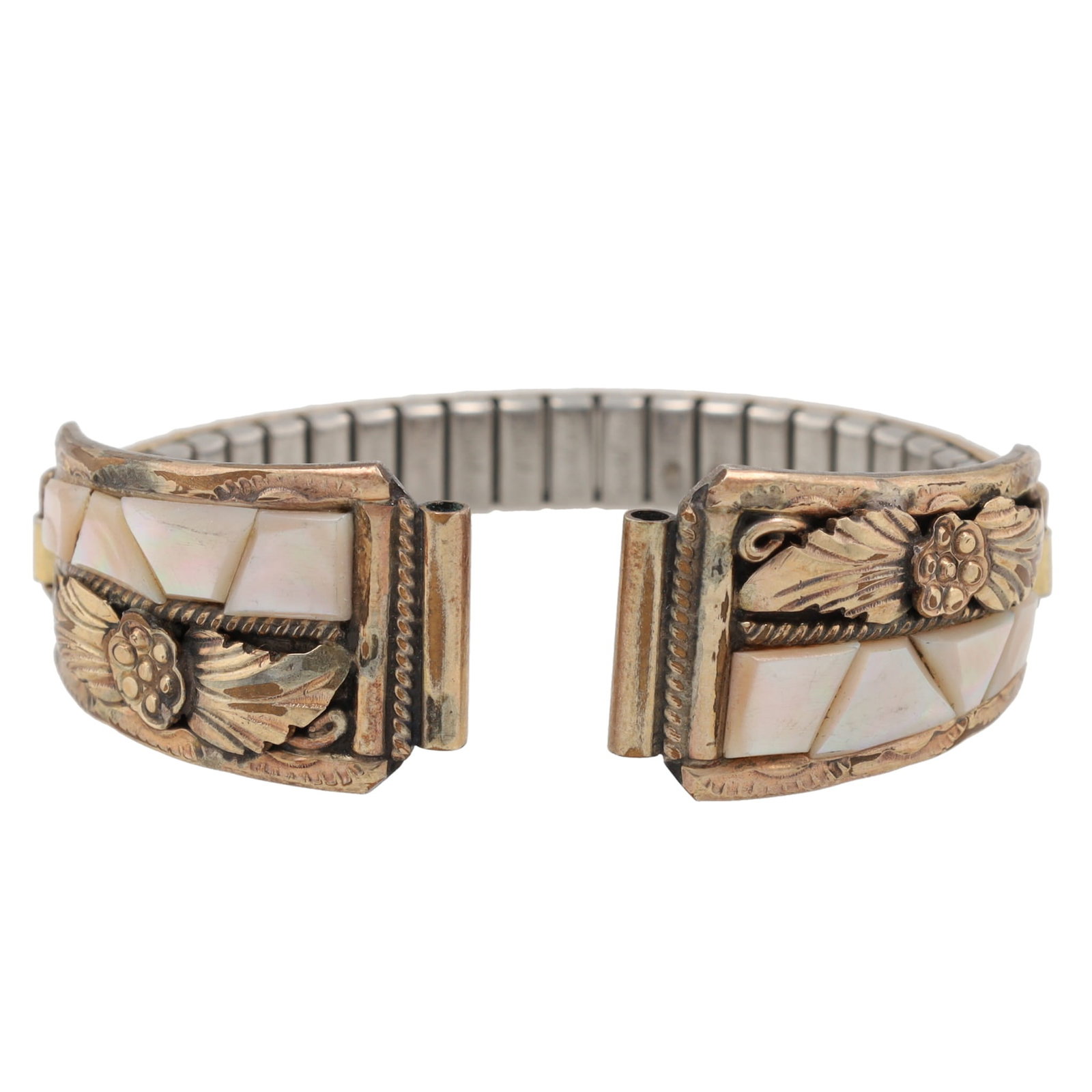 Silver Ray Sterling & Gold Fill Navajo Blossom Inlay Watch Nibs: Silver Ray Navajo Mother of Pearl Sterling & Gold Fill Blossom Inlay Watch Nibs 14g