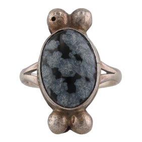Signed RRT Sterling Navajo Obsidian Ring Sz 5.75
