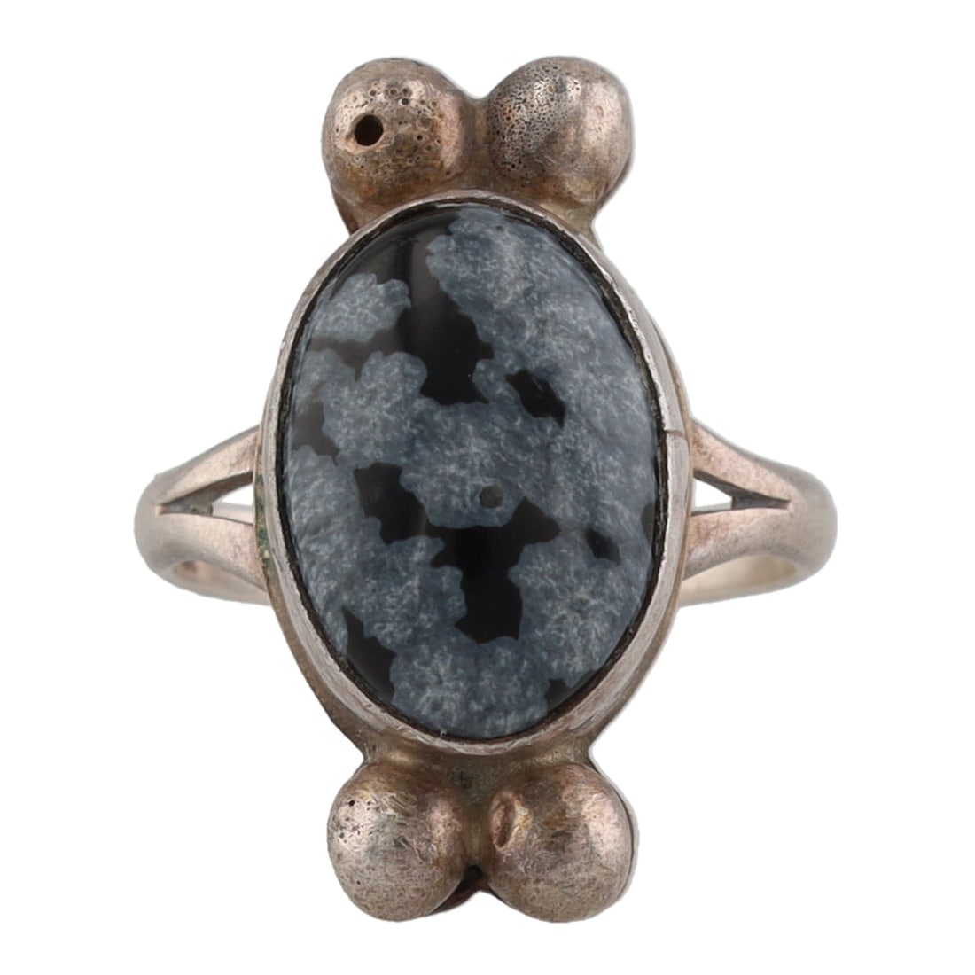 Signed RRT Sterling Navajo Obsidian Ring Sz 5.75: Signed RRT Navajo Snowflake Obsidian Sterling Ring Sz 5.75, 5g