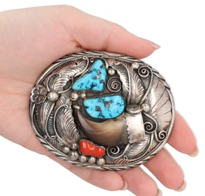 Sylvia Chee Sterling Navajo Bear Claw Turquoise Coral Belt Buckle