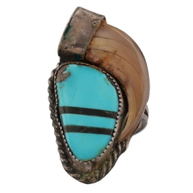 Signed Anne Sterling Navajo Turquoise Bear Claw Ring Sz 9.75