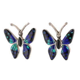 Vintage Sterling Azurite Onyx Inlay Butterfly Earrings