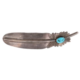 Signed R & Handsigned MT Sterling Navajo Turquoise Feather Brooch
