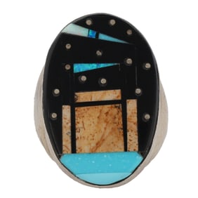Gilbert Smith Sterling Navajo Pueblo Night Sky Inlay Ring Sz 10.5