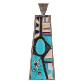 Huge Sterling Navajo Cobblestone Inlay Pendant