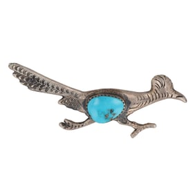 Ramone Platero Sterling Navajo Turquoise Roadrunner Brooch