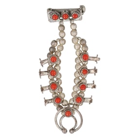 Vintage Sterling Navajo Squash Blossom Coral Brooch