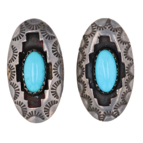 Signed P Sterling Navajo Turquoise Shadow Box Clip Earrings