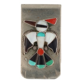 Vintage Sterling Zuni Thunderbird Inlay Money Clip