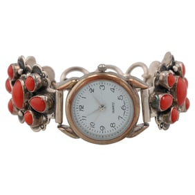 Darrell Cadman Sterling Navajo Coral Toggle Clasp Watch