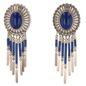 Vintage Sterling Navajo Lapis Lazuli Concho Dangle Earrings