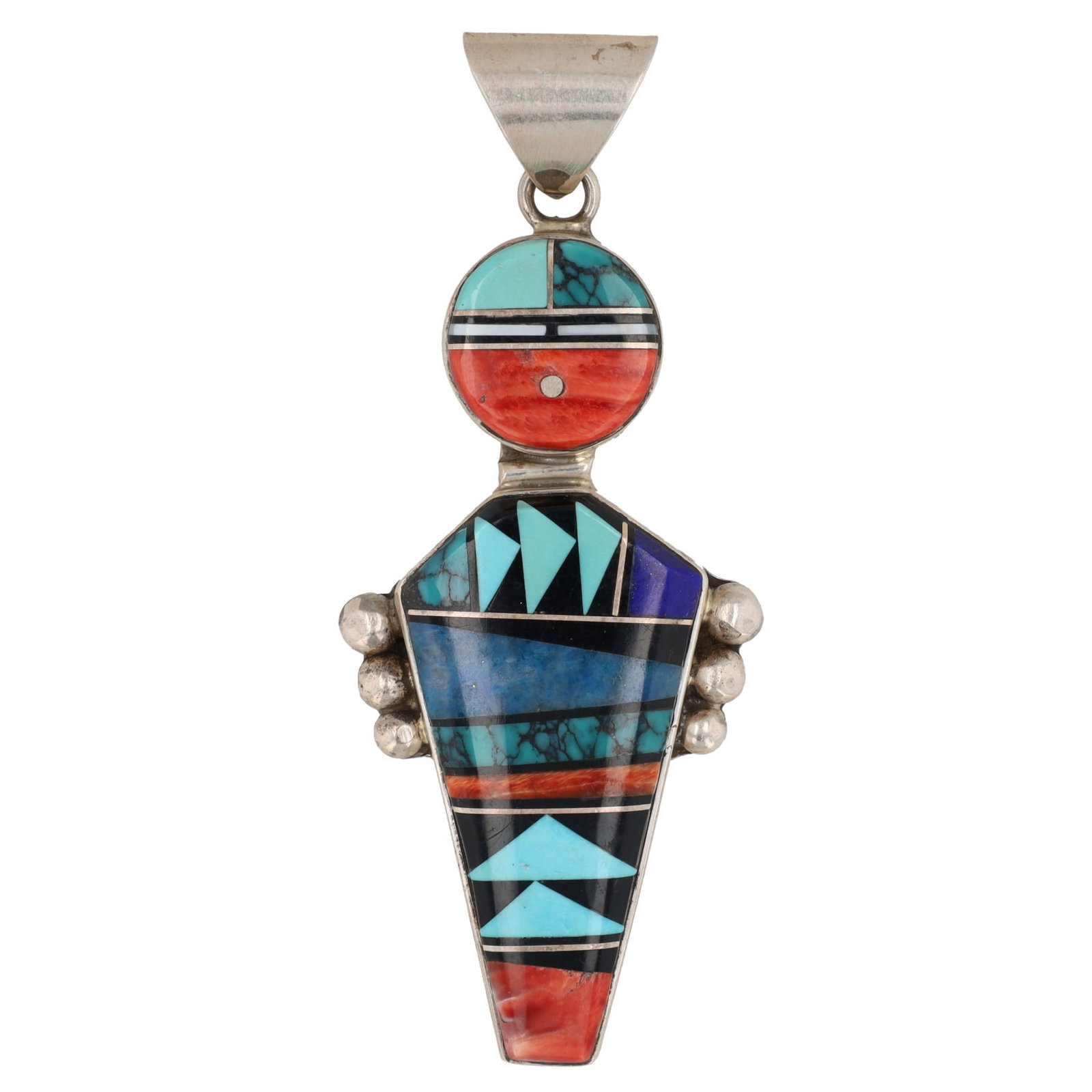 Lee McCray Sterling Navajo Inlay Sunface Pendant: Lee McCray Navajo Inlay Sunface Pendant 11g-Turquoise, Spiny Oyster, Lapis, Onyx, Mother of Pearl, Sodalite, Sterling