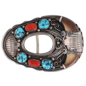 Julian Arviso Sterling Navajo Turquoise Coral Bear Claw Belt Buckle