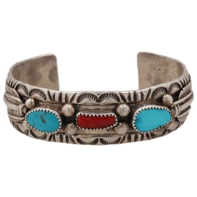 Signed LITTLE Sterling Navajo Turquoise Coral Cuff Bracelet