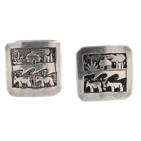 Tom Billy Sterling Navajo Storyteller Overlay Earrings