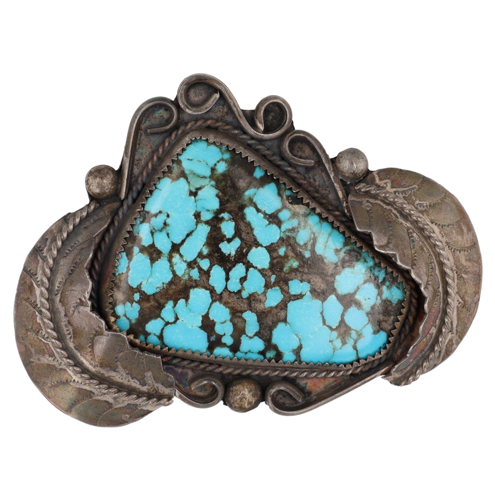Signed 'CACTUS' Sterling Navajo Pilot Mountain Turquoise Belt Buckle: Signed CACTUS Navajo Pilot Mountain Turquoise Sterling Belt Buckle 44g