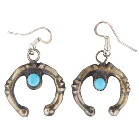 Signed Navajo Turquoise Sterling Sandcast Naja Earrings