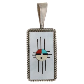 Signed Hustito Zuni Sunface Inlay Sterling Pendant