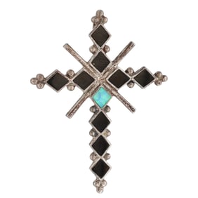 Vintage Navajo Sterling Onyx Opal Inlay Cross Pendant