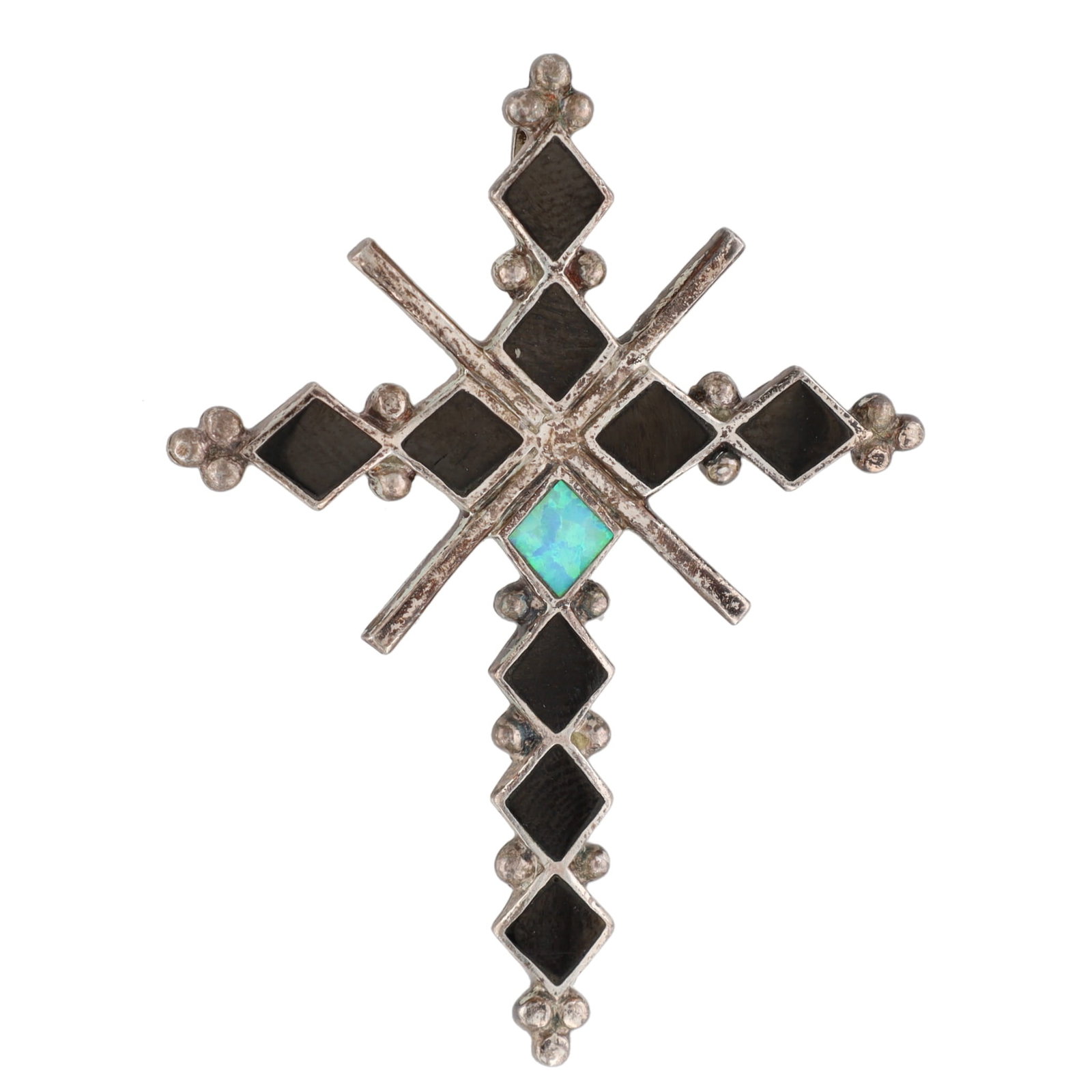Vintage Navajo Sterling Onyx Opal Inlay Cross Pendant: Vintage Navajo Sterling Onyx Opal Inlay Cross Pendant 5.5g
