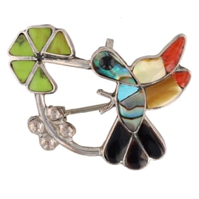 Stunning Handsigned DE Zuni Hummingbird Sterling Brooch Pendant