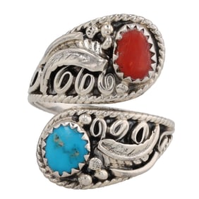 Elsie Yazzie Turquoise Coral Sterling Wrap Ring Sz 7.5