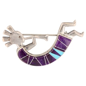 Calvin Begay Navajo Kokopelli Inlay Sterling Brooch Pendant
