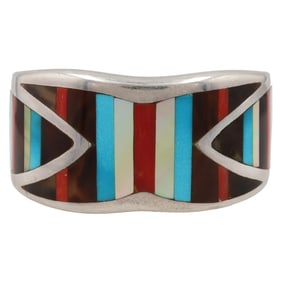 Signed SAUNSA Zuni Inlay Sterling Cuff Bracelet