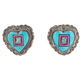 Vintage Navajo Sterling Heart Inlay Earrings