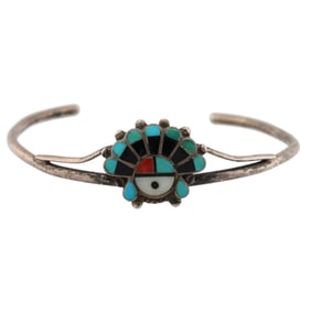 Ella L Reid Zuni Sunface Inlay Sterling Cuff Bracelet