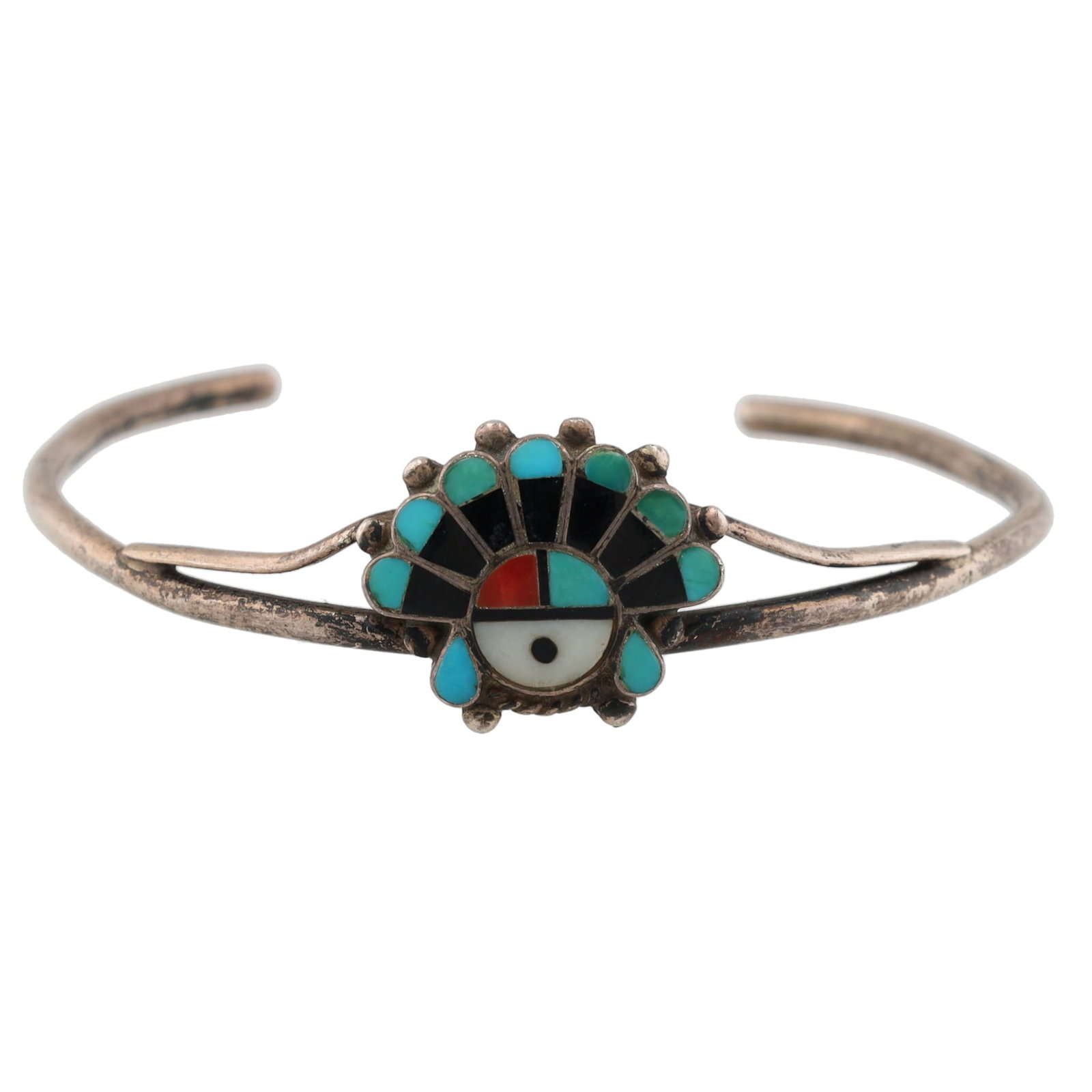 Ella L Reid Zuni Sunface Inlay Sterling Cuff Bracelet: Ella L Reid Zuni Sunface Inlay Cuff Bracelet 7.5g-Turquoise, Mother of Pearl, Coral, Onyx, Sterling