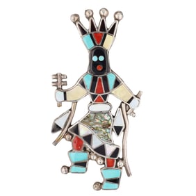Linette Laiwakete Zuni Kachina Inlay Sterling Brooch Pendant