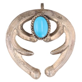 Vintage Navajo Turquoise Sandcast Sterling Naja Pendant