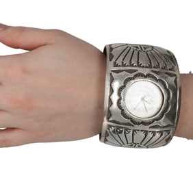 Huge Ken & Mary Bill Navajo Sterling Sunface Watch Cuff Bracelet