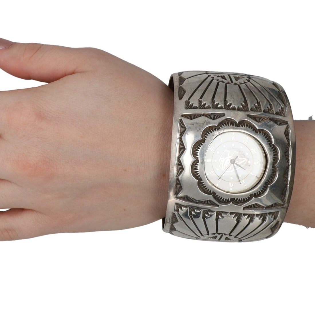 Huge Ken & Mary Bill Navajo Sterling Sunface Watch Cuff Bracelet (1 of 8)