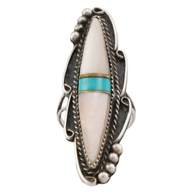 Vintage Zuni Sterling Mother of Pearl Turquoise Inlay Ring Sz 9