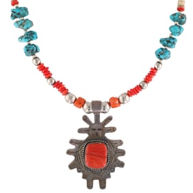 Jeanette Dale Navajo Turquoise Coral Sterling Kachina Necklace